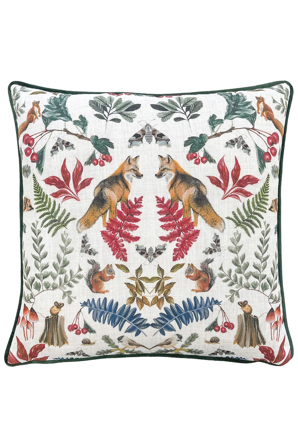 Evans Lichfield Mirrored Fox Watercolour Printed Piped Cushion in Dark Green