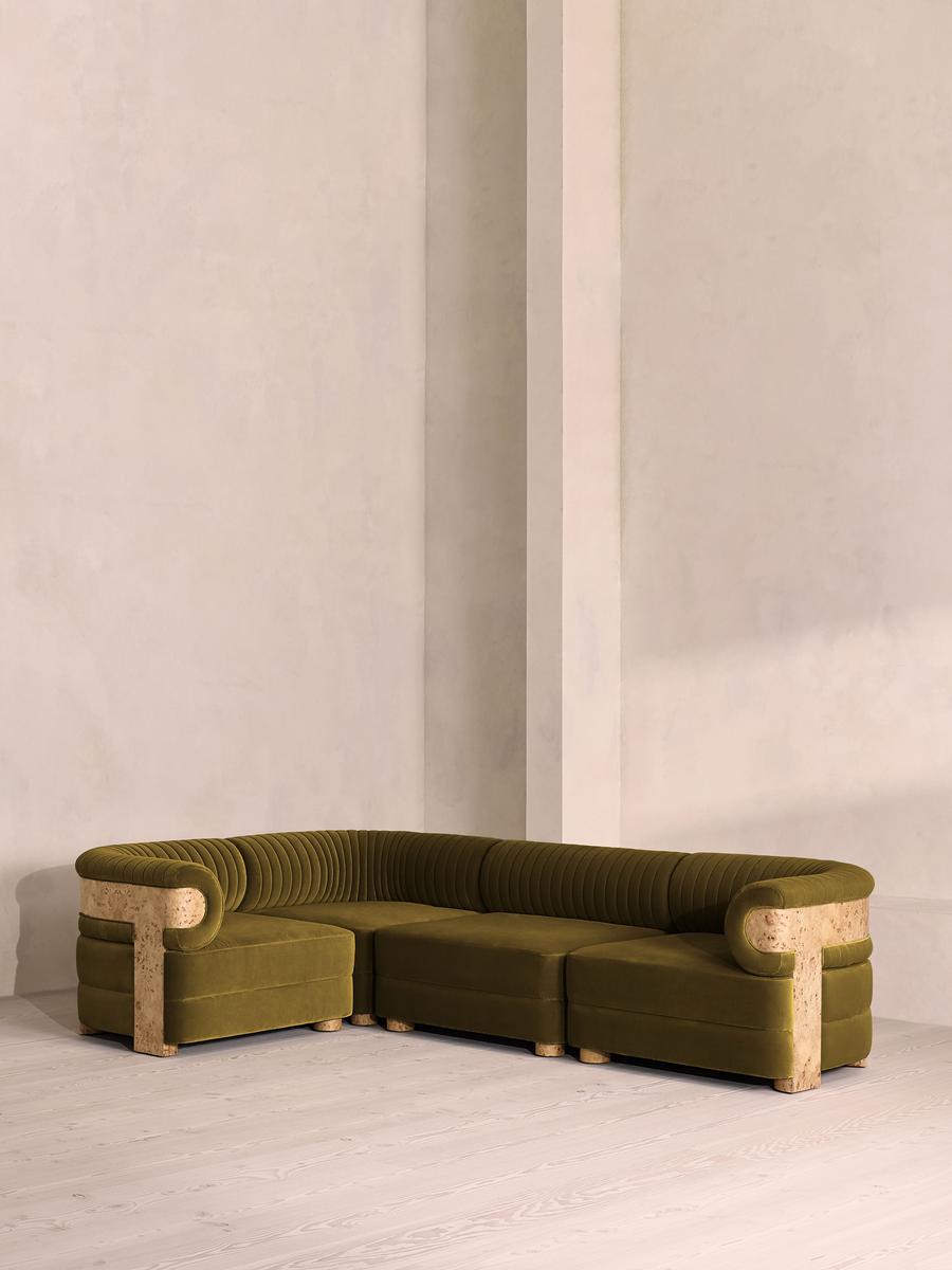 Caleb Modular L-Shape Sofa, Velvet, Olive, Blonde Burl