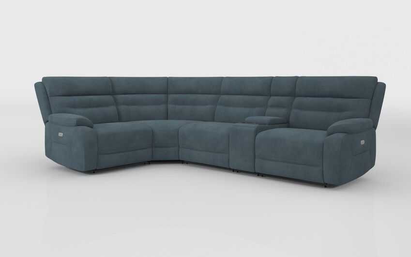 Blue Fabric Fenton 1 Corner 3 Power Recliner Sofa with Media Console