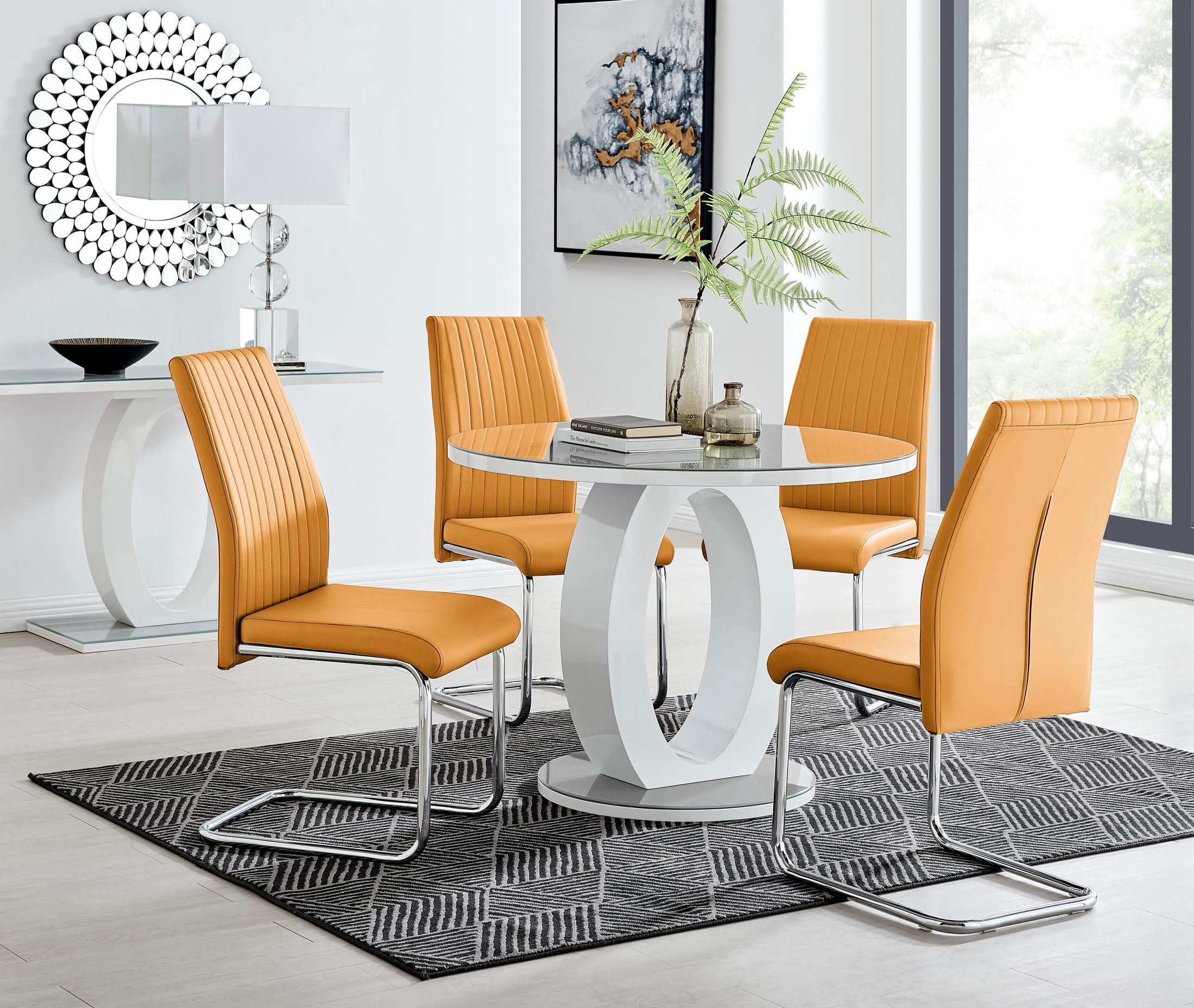 FurnitureboxUK Giovani Round 4 Seat 100cm White High Gloss Unique Halo Base Grey Glass Top Dining Table 4 Soft Faux Leather Lorenzo Chairs