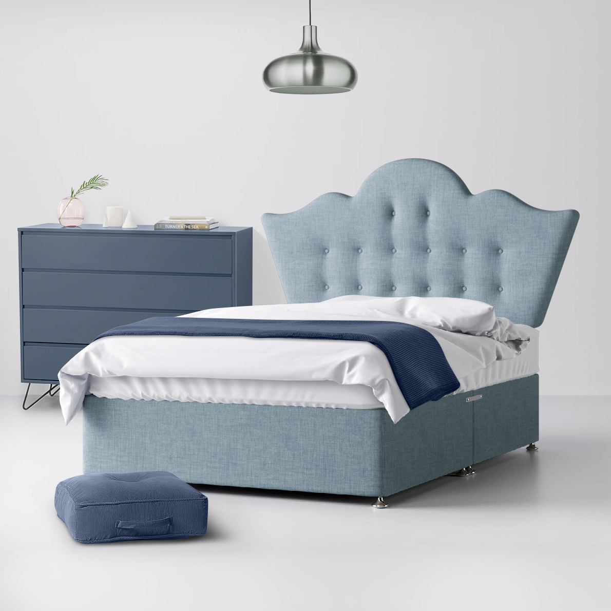 Florence Buttoned Duck Egg Blue Fabric Ottoman Divan Bed - 4ft Small Double