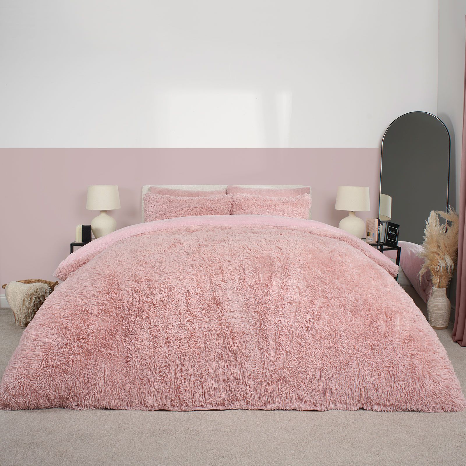 OHS Teddy Duvet Cover Set Bedding Soft Fleece Faux Fur Shaggy in Light Pink