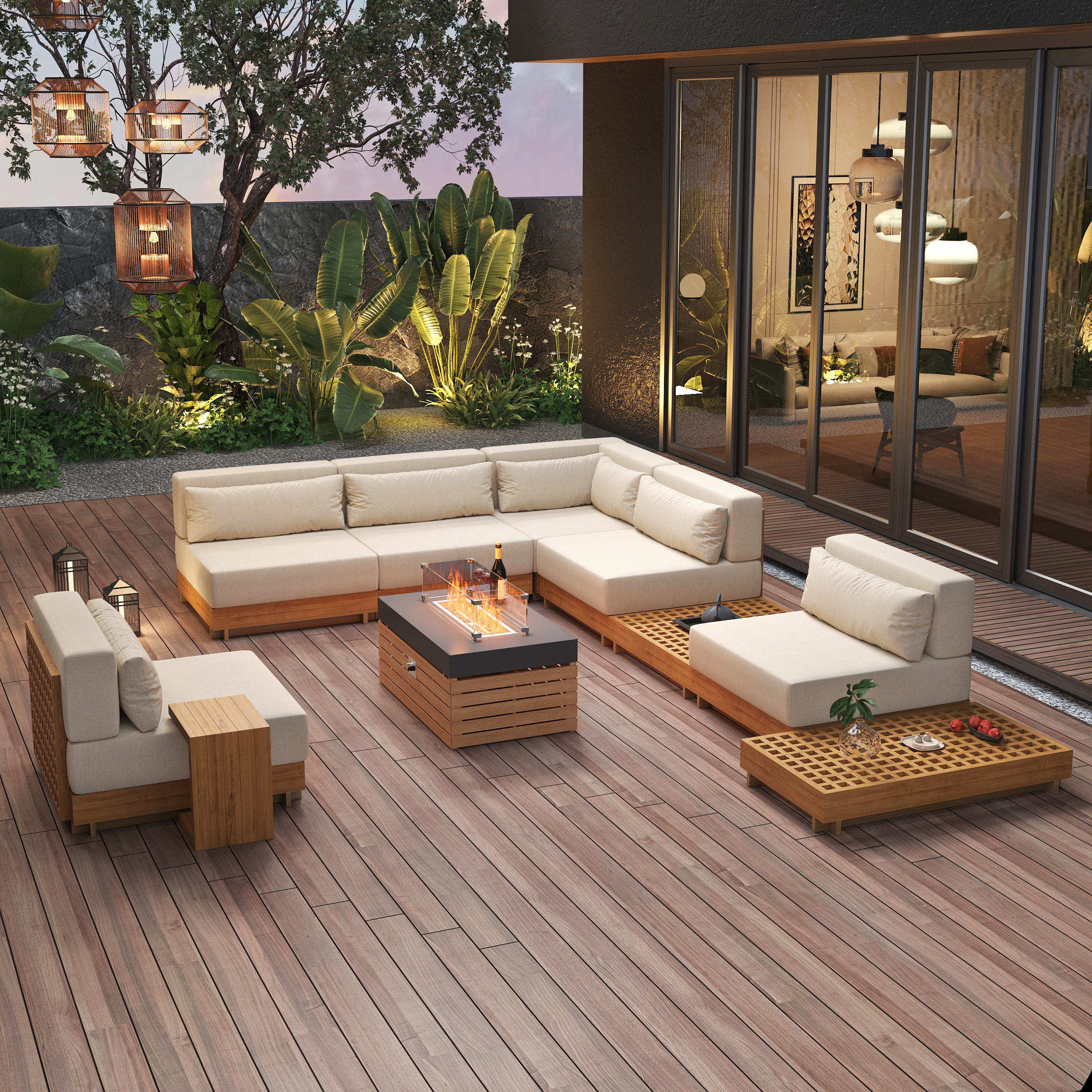 Grida 991 mm Propane Gas Fire Pit Table With Glass & Teak Modular Outdoor Sectional Sofa Set