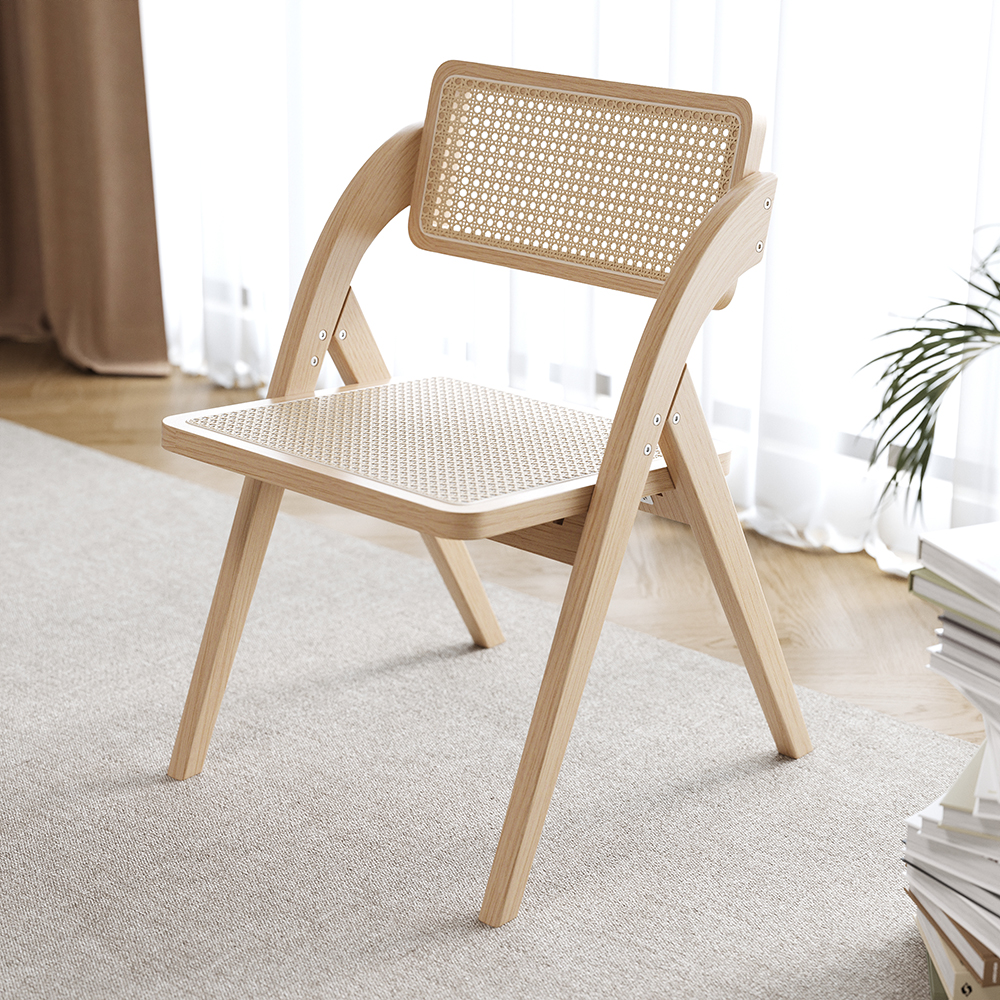 Japandi Dining Chairs Solid Wood Folding Rattan Side Chair Set of 2 Dining Room Chairs