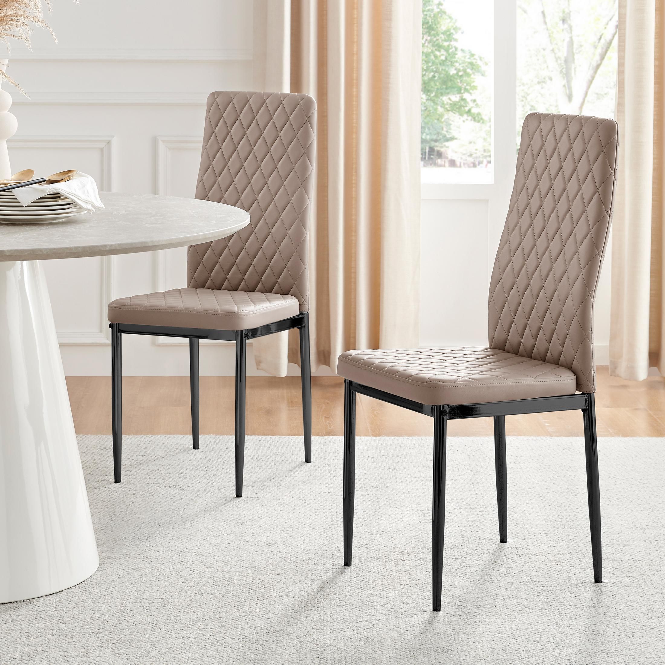 FurnitureboxUK Set of 6 Milan High Back Soft Touch Diamond Pattern Faux Leather Dining Chairs With Black Powder Coated Metal Legs in Beige