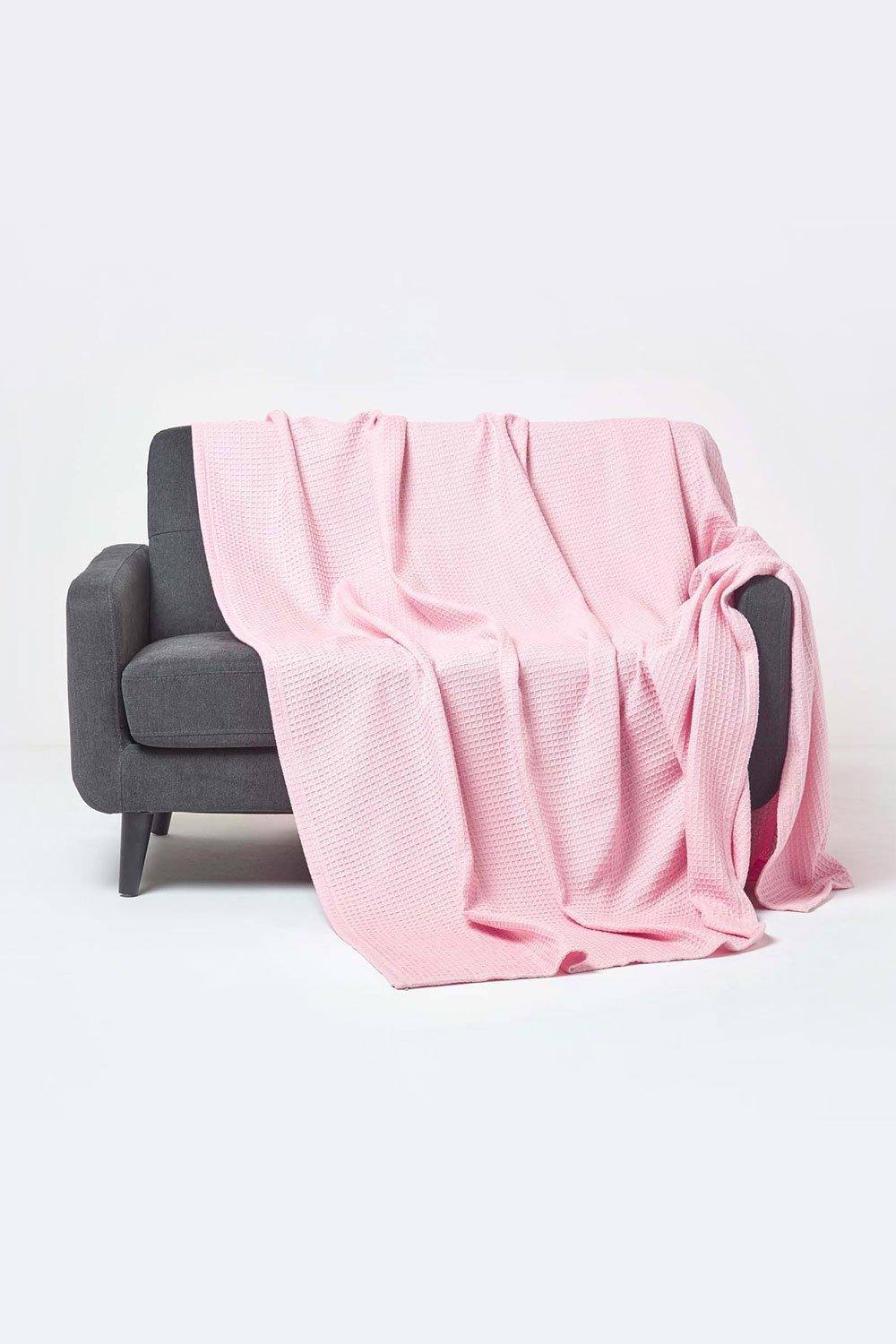 Homescapes Cotton Waffle Blanket Throw - Soft, Breathable & Skin-Friendly in Pink