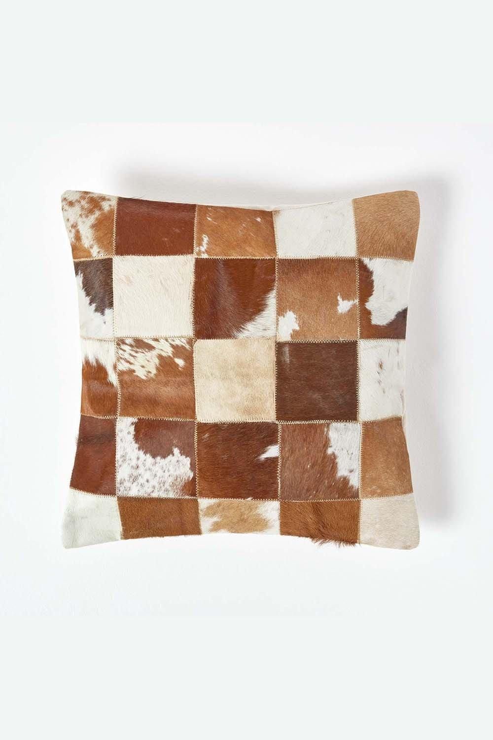 Homescapes Beige & Cream Real Leather & Goat Hair Small Check Cushion with Feather Filling