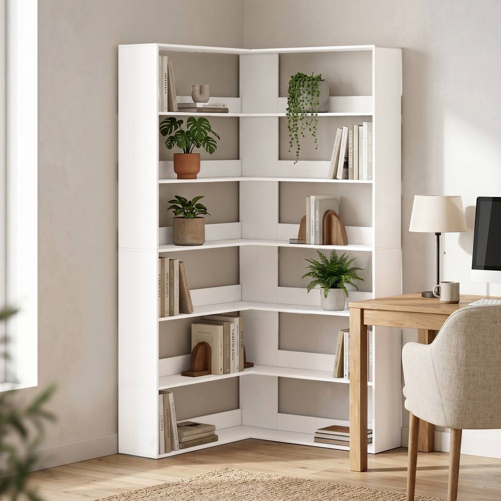 HOMCOM 7 Tiers Corner Bookshelf, L-Shaped, White Wood Effect