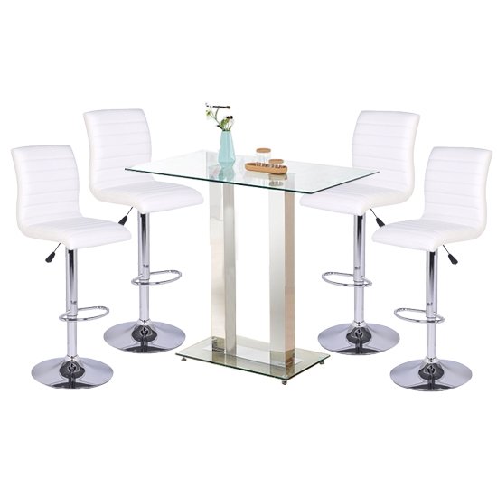 Jet Glass Bar Table With 4 White Leather Ripple Stools