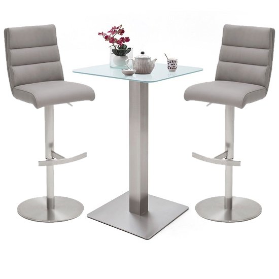 Soho White Glass Bar Table And 2 Hiulia Ice Grey Stools