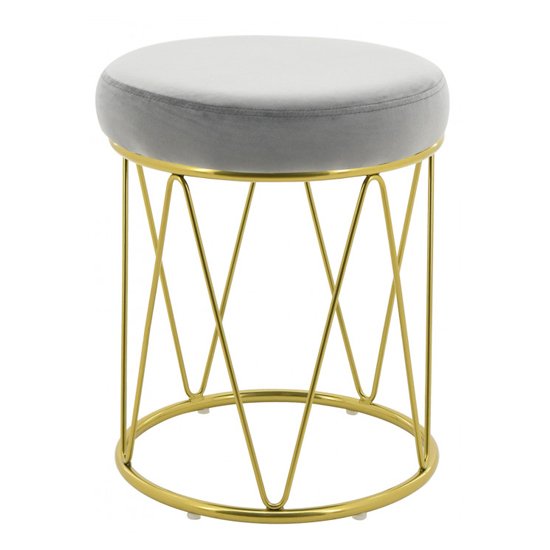 Puffy Velvet Stool In Grey With Gold Stainless Steel Base