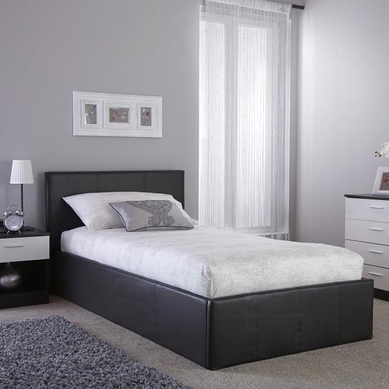 Side Lift Ottoman Faux Leather Small Double Bed In Black
