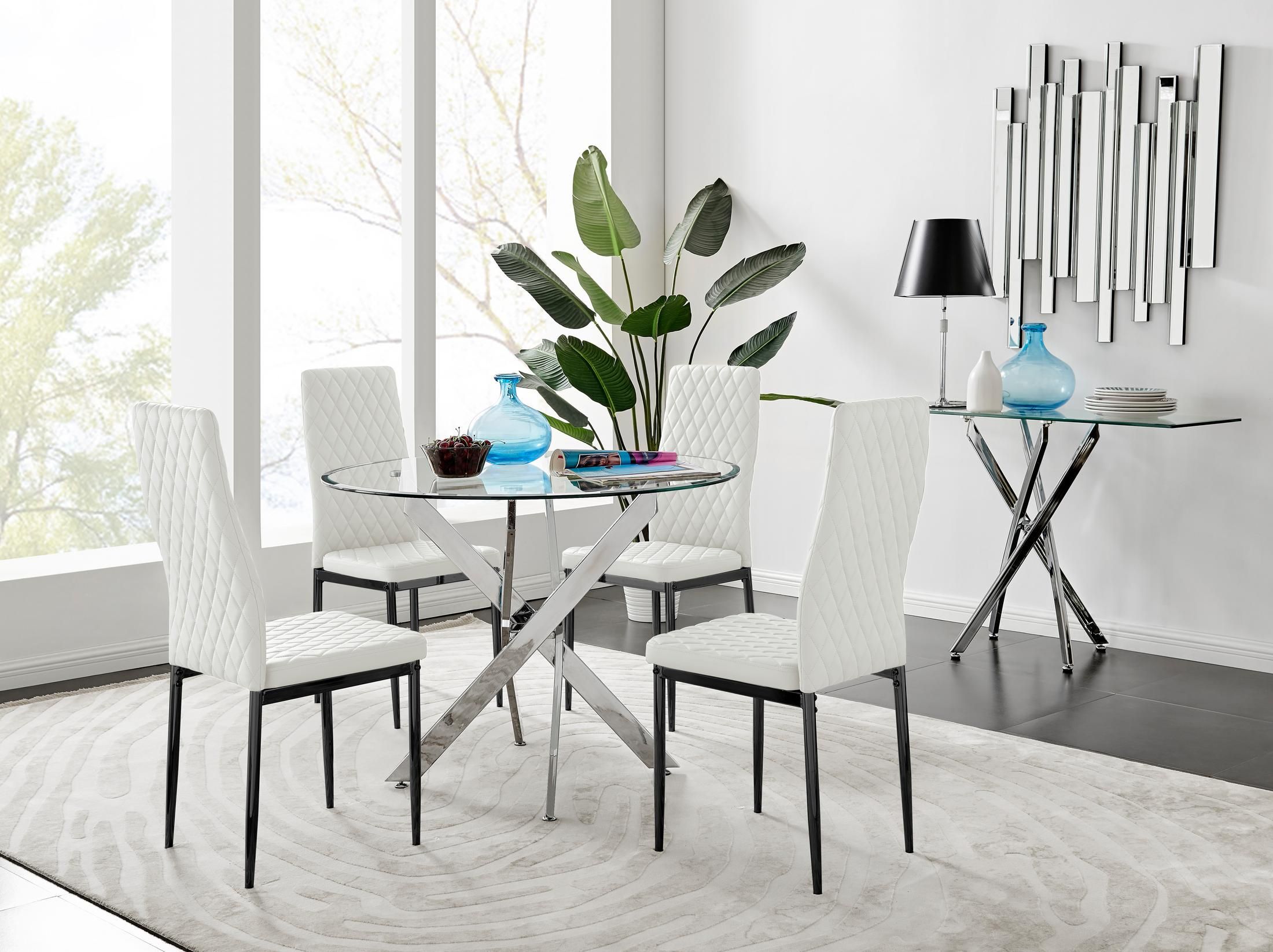 FurnitureboxUK Novara 100cm Round Dining Table & 4 Milan Black Leg Chairs in White