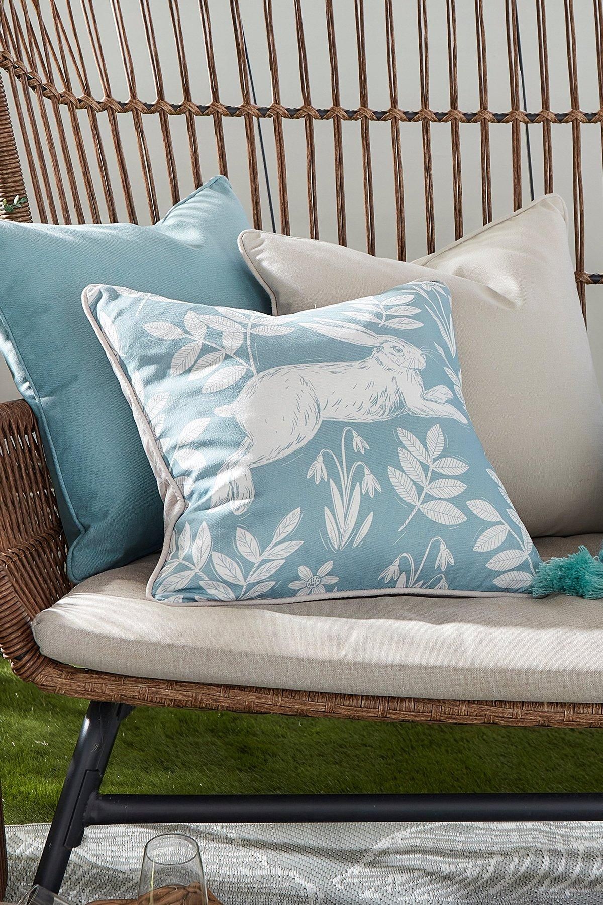 Dreams & Drapes 'Spring Rabbit' Outdoor Water & UV Resistant Garden Filled Bench Cushion in Duck Egg Blue