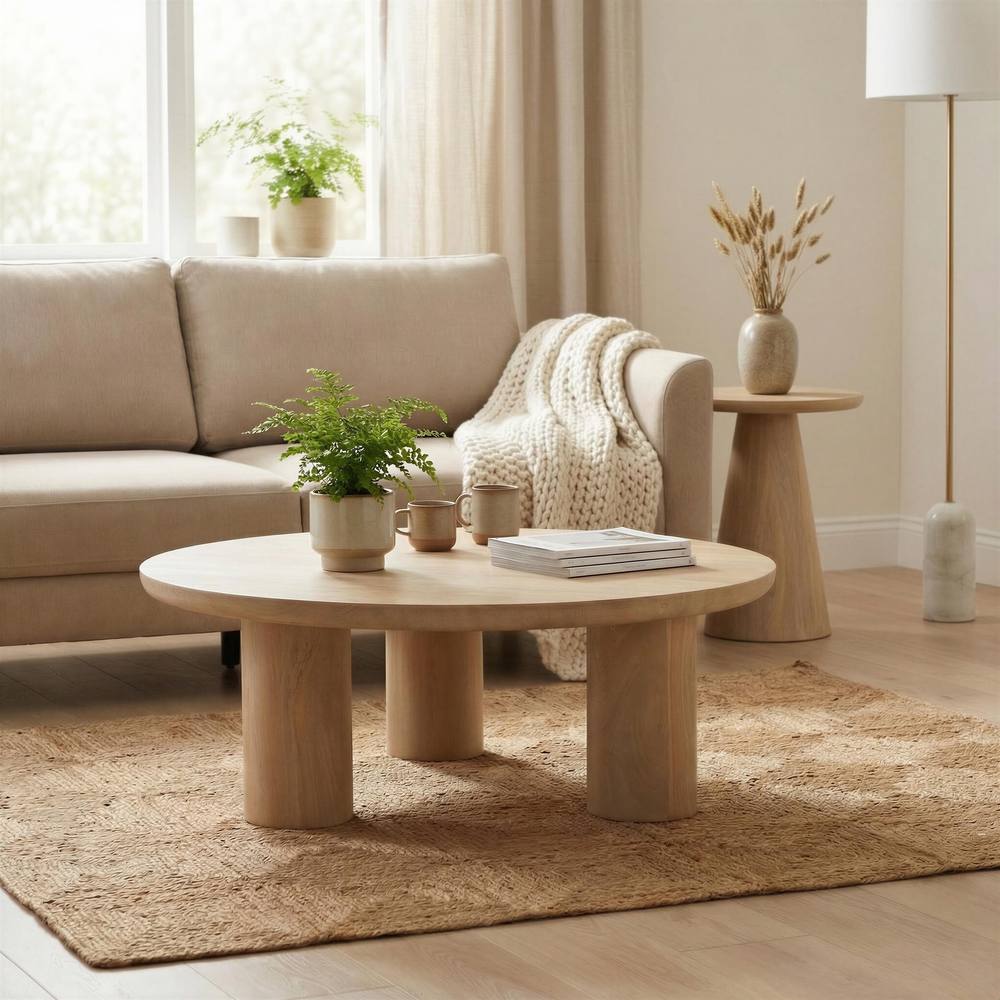 FurnitureboxUK Teton Round Wood 3 Leg Coffee Table in Light Brown