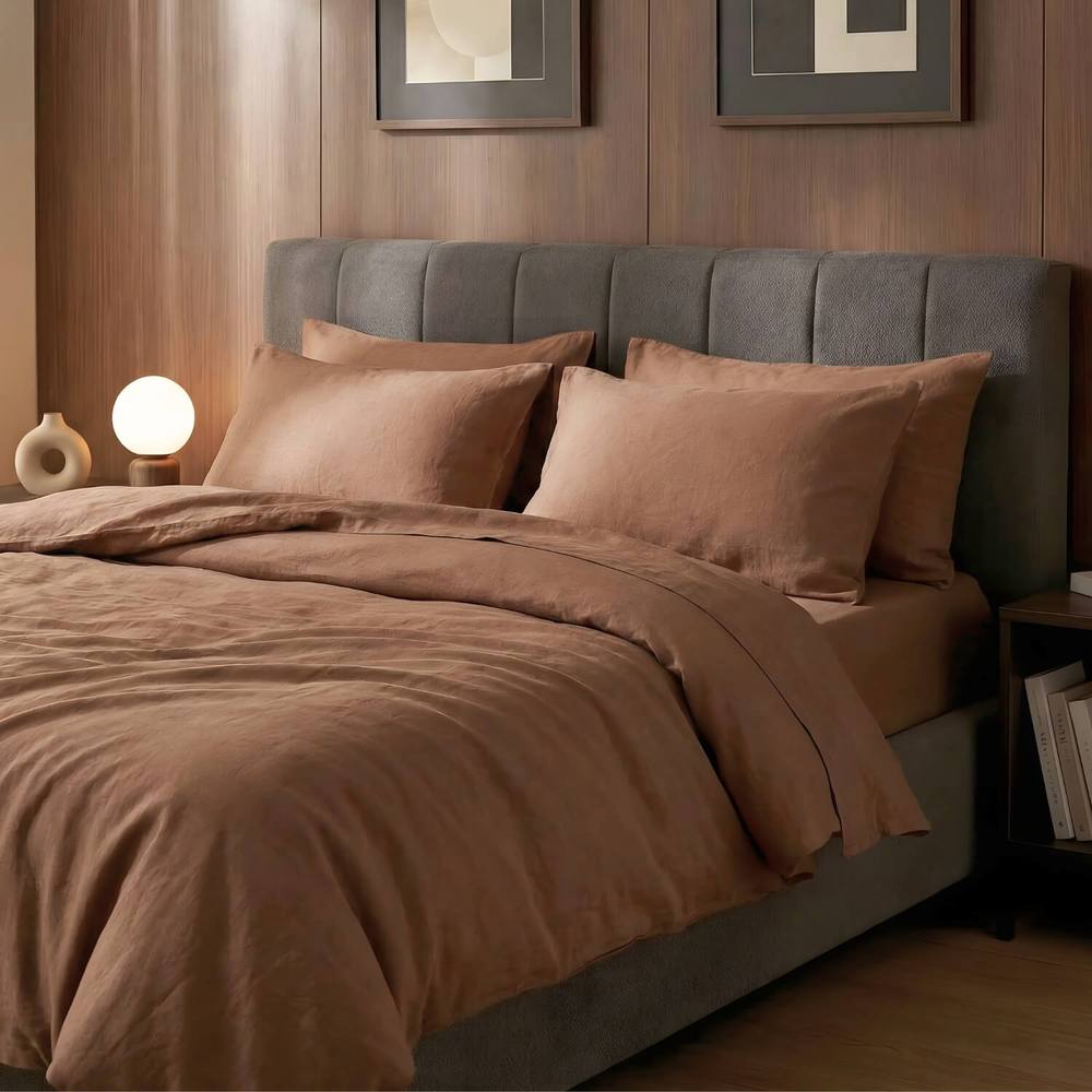 Bedable 100% Cotton Bedding Bundle Percale Cooling Sheets - Duvet Cover + Fitted Sheet + 4 Pillowcases + Duvet + 4 Pillows in Brown