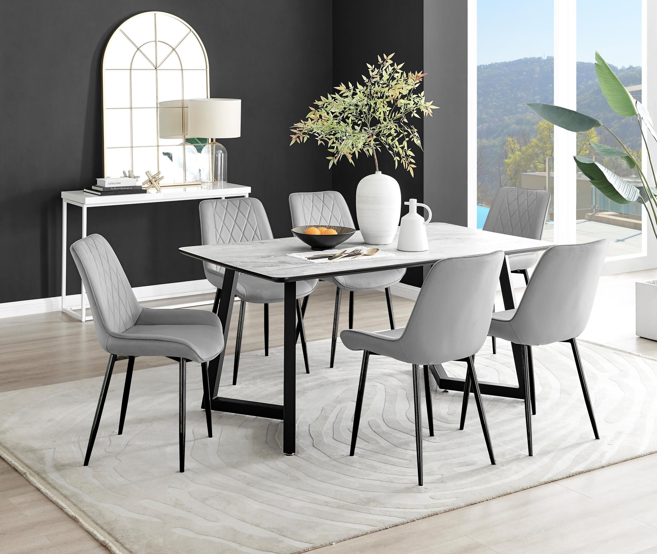 FurnitureboxUK Carson White Marble Effect Dining Table & 6 Pesaro Black Leg Chairs in Grey