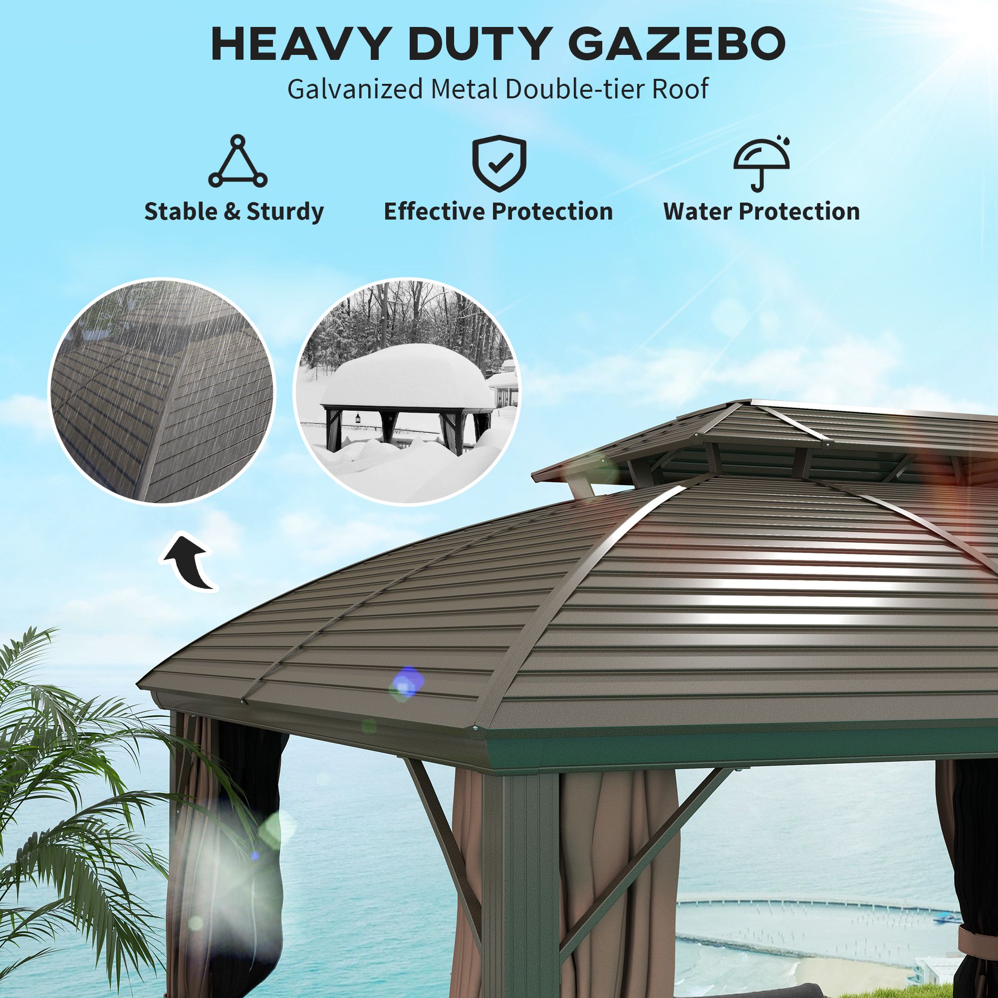 OUTSUNNY 3.65 x 3(m) Aluminium Outdoor Gazebo w/ Hardtop Double Roof, Coffee in Brown 4