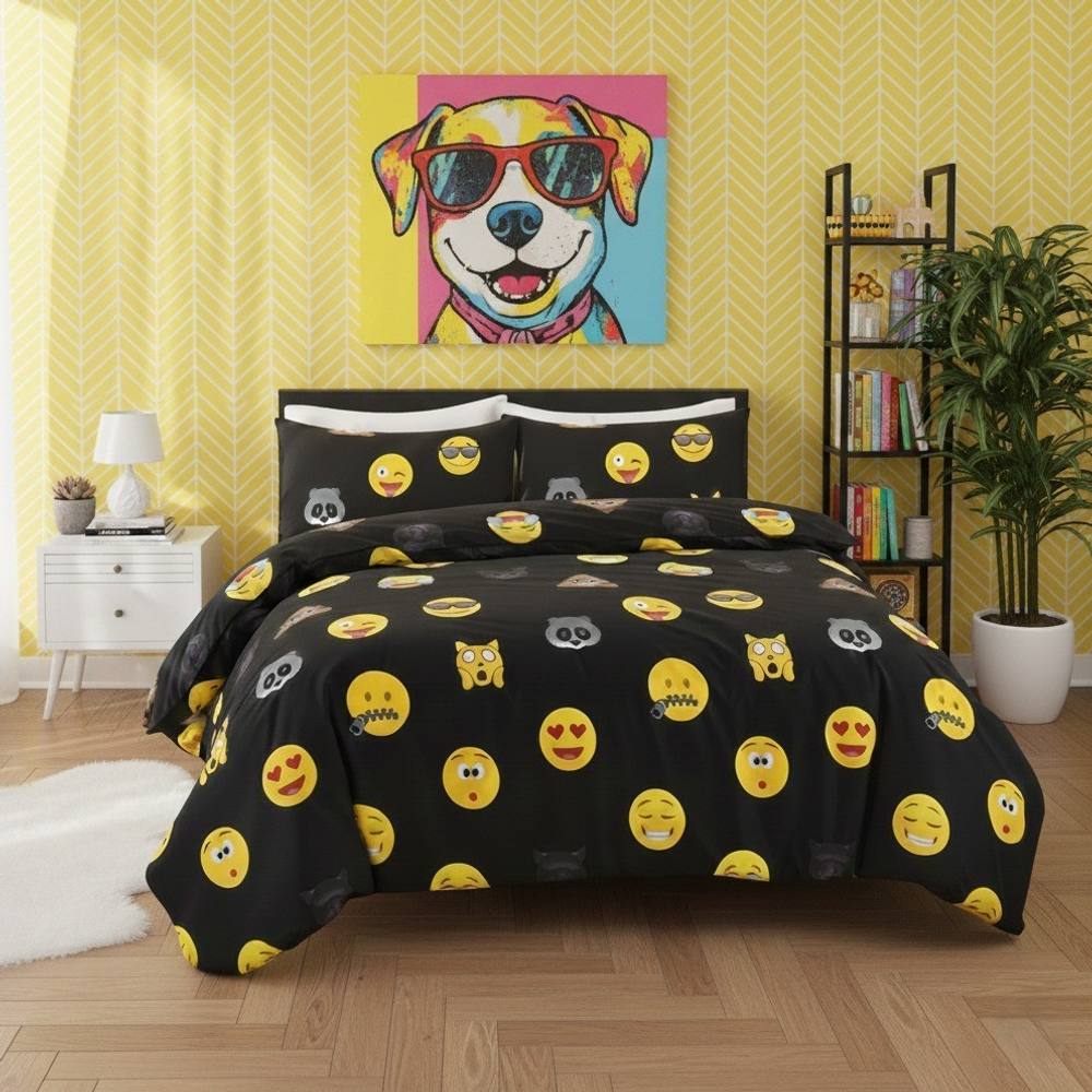 Snug City Emoji Print Duvet Cover Set Cool Playful Bedding with Pillowcases in Black