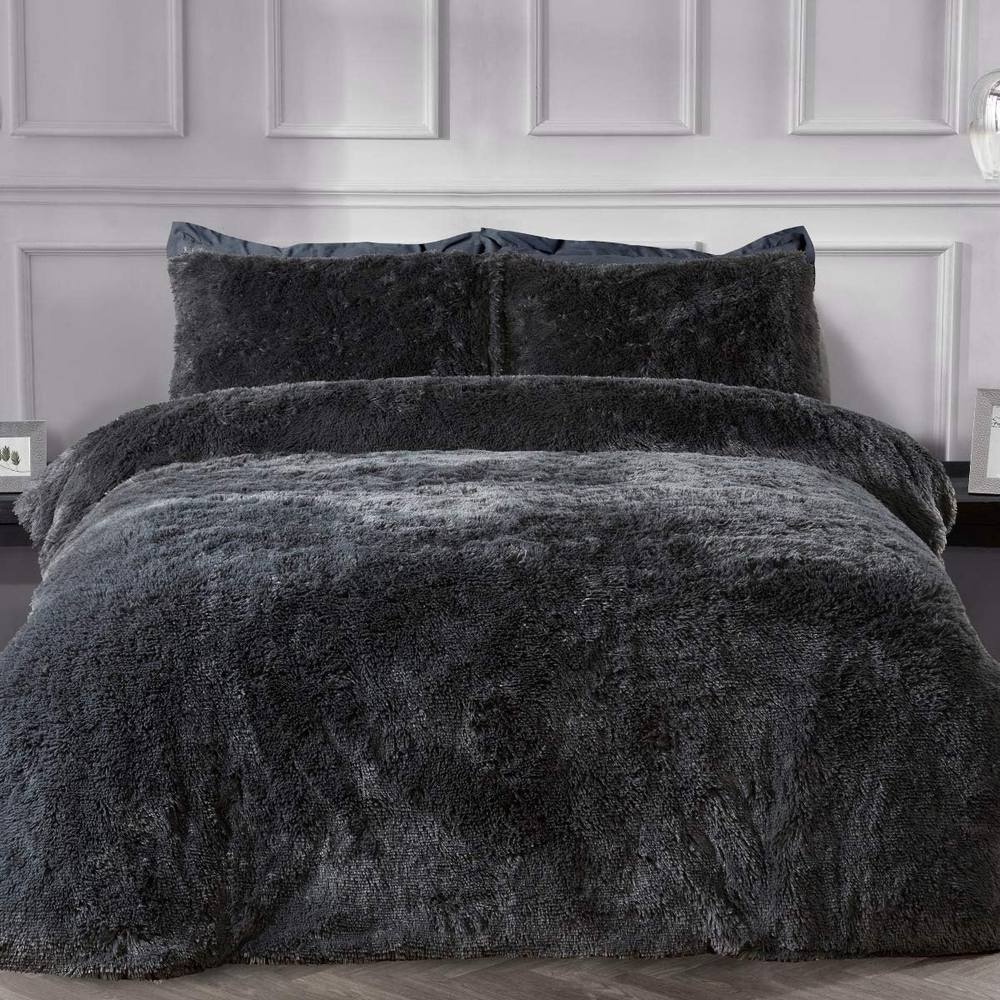 Smart Living Luxury Long Pile Faux Fur Duvet Cover with Pillowcases in Charcoal