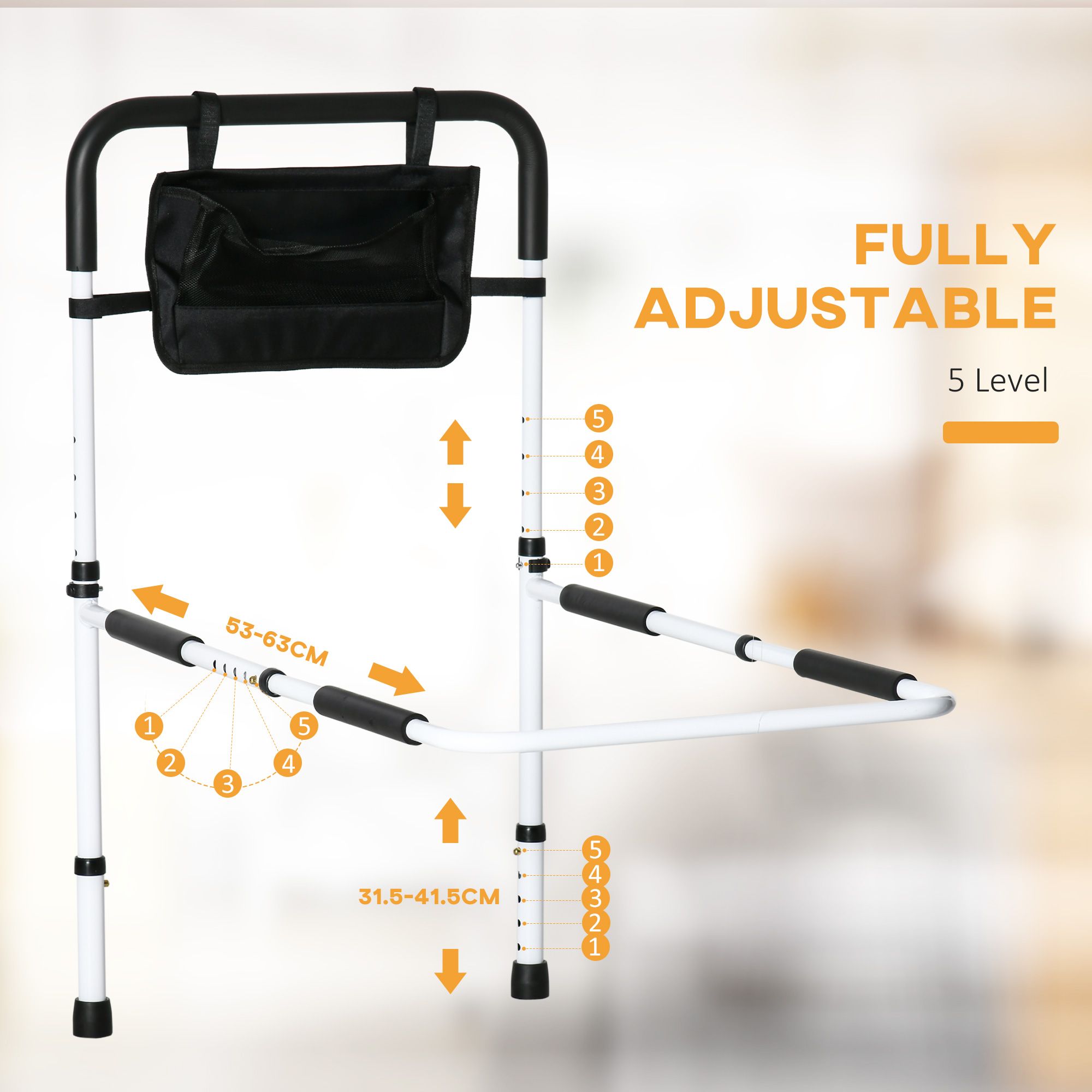 HOMCOM Safety Bed Rail Adjustable Bed Assist Rail with Pocket in White 4