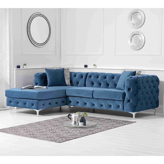 Bruket Velvet Left Handed Chaise Corner Sofa In Blue