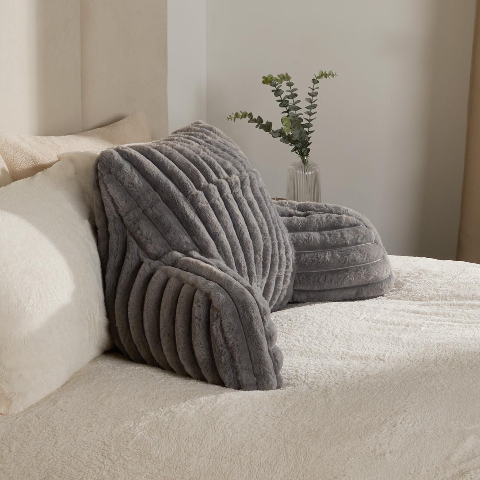 OHS Faux Fur Ribbed Reading Pillow Super Soft Heatable Cuddle Cushion in Charcoal