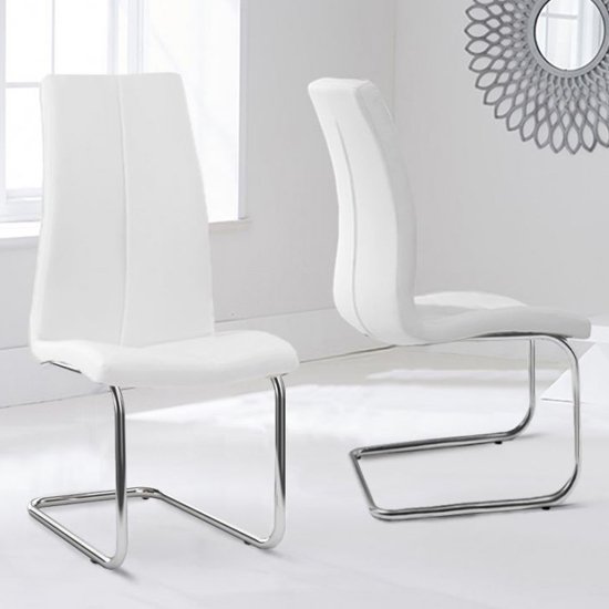 Naos White PU Leather Dining Chairs With Hooped Leg In Pair