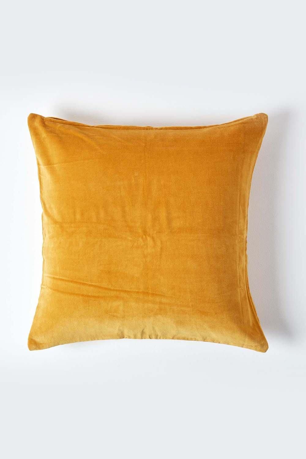 Homescapes Velvet Cushion Cover 100% Cotton, Soft & Machine Washable in Mustard