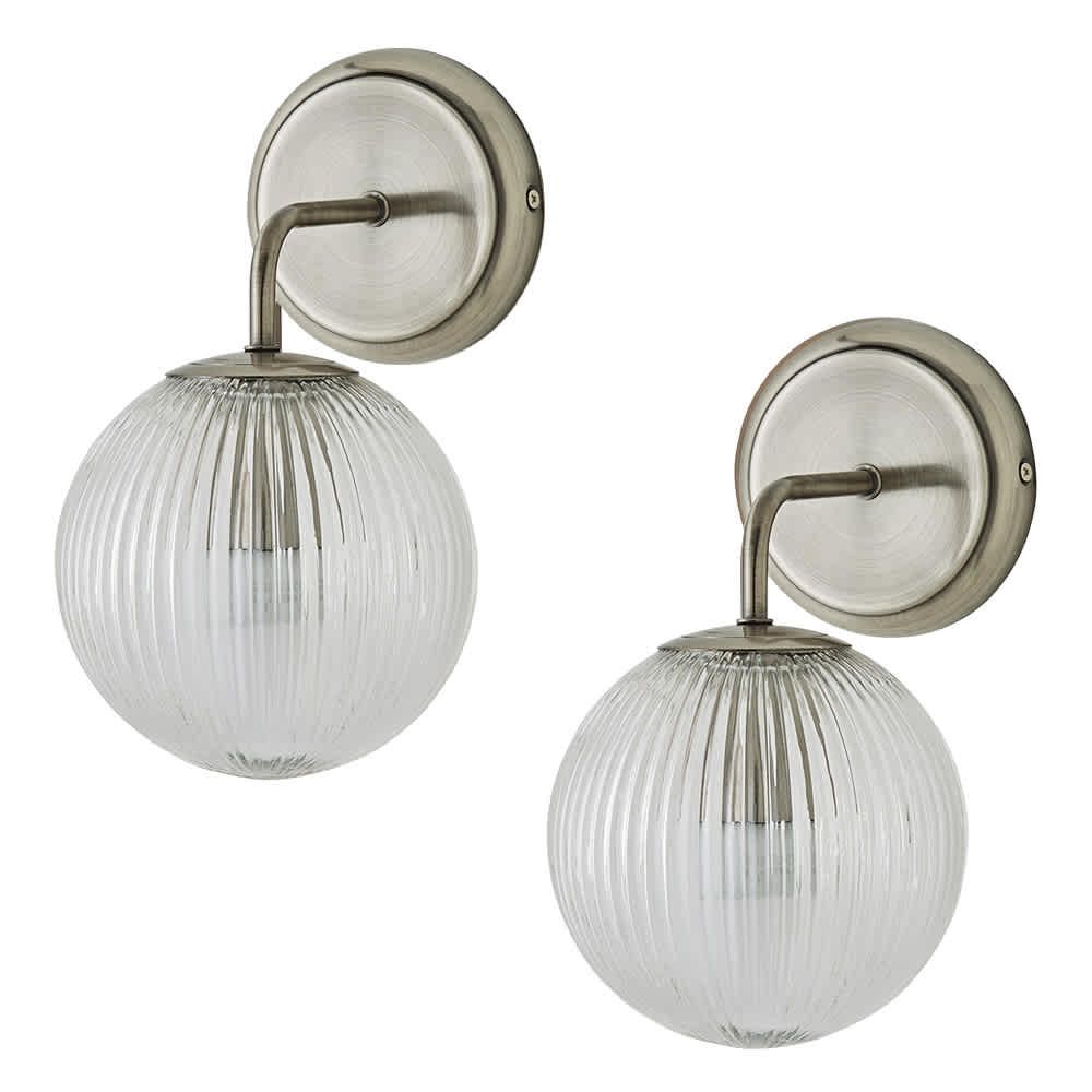 ValueLights Kempton Pair of Ribbed Glass Globe Shade Single Arm Wall Lights in Silver