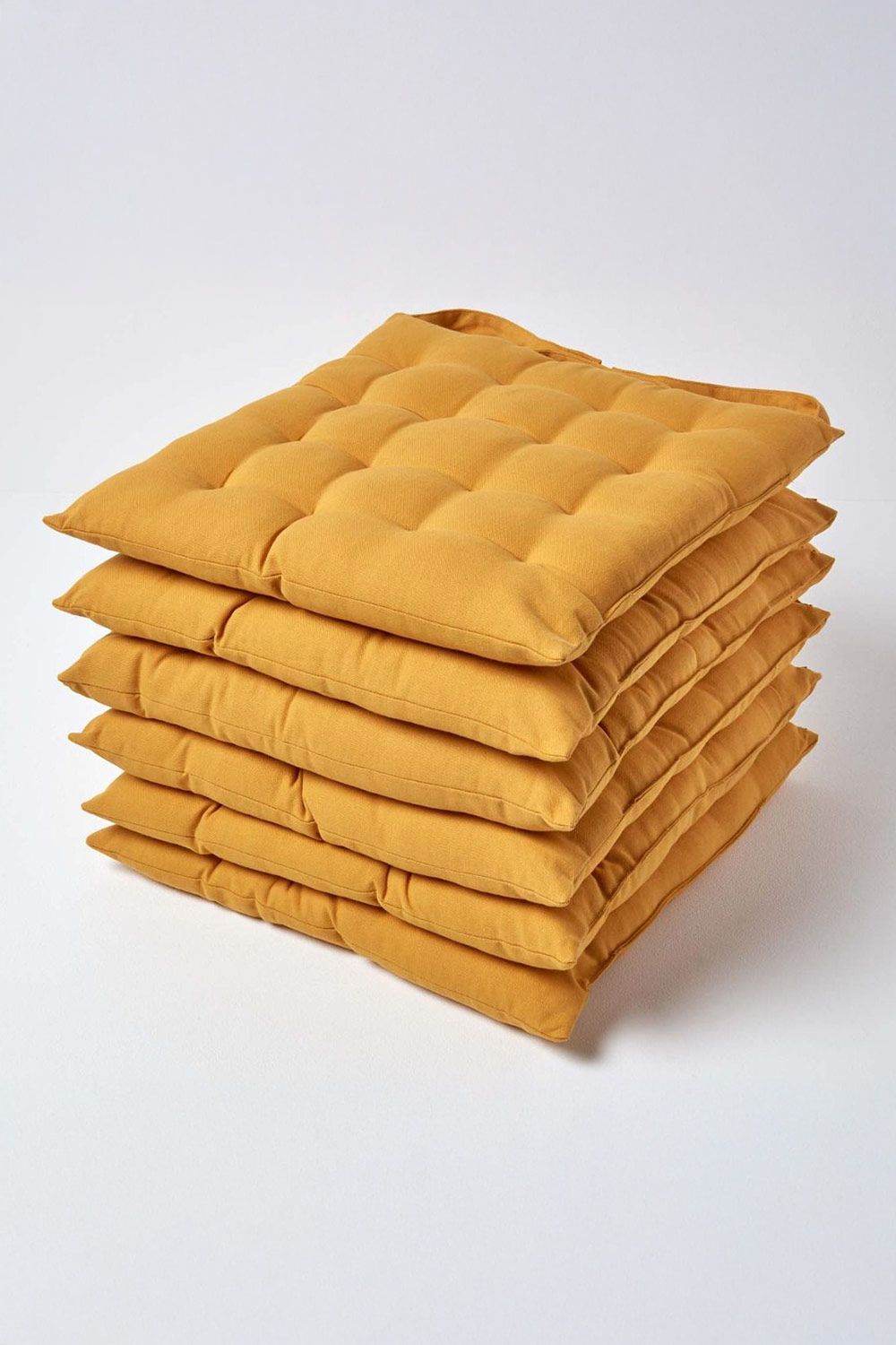 Homescapes 6 Pack Seat Pads Luxury 100% Cotton Indoor Outdoor Garden Cushion, 40cm in Mustard