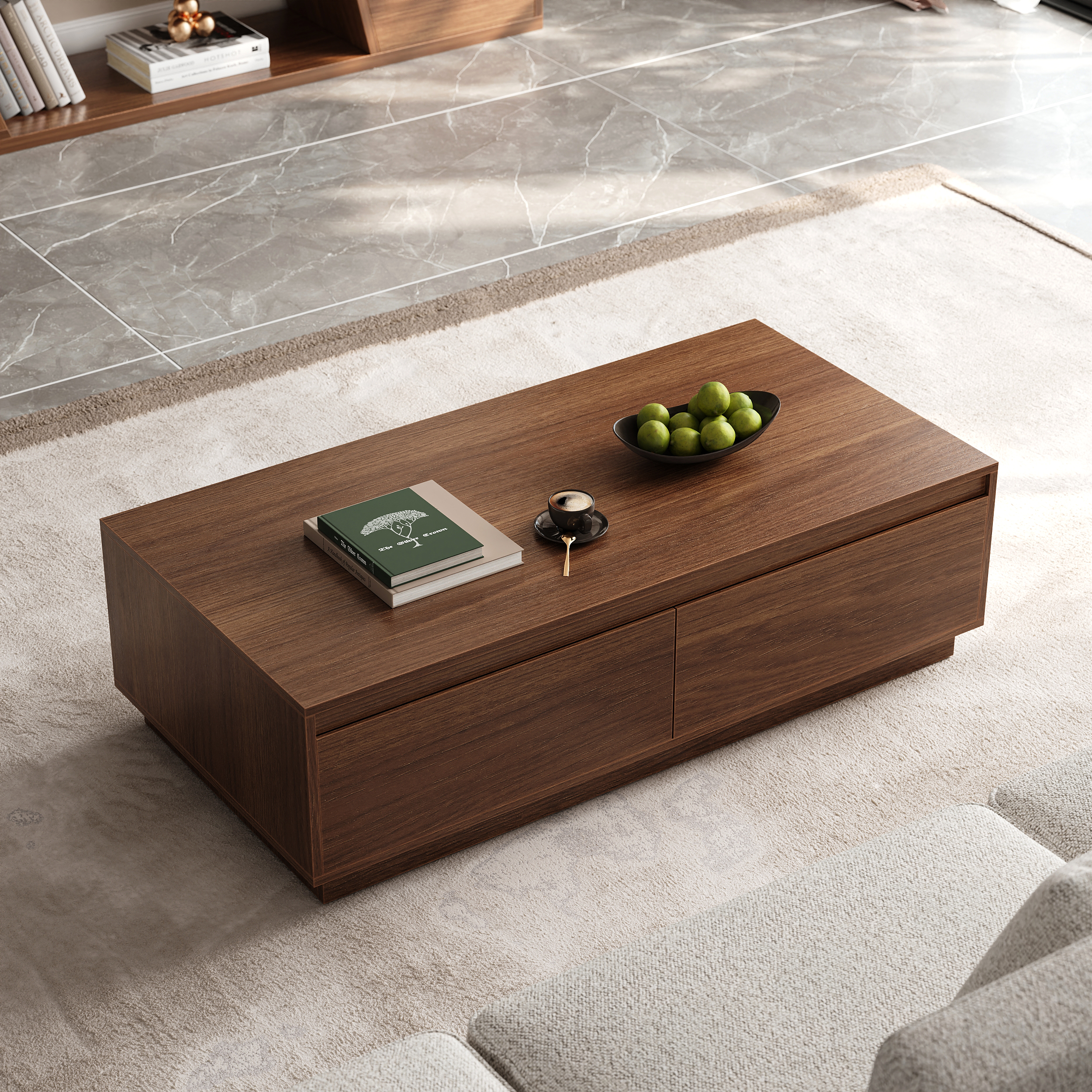 120 cm Mid-Century Modern Walnut Coffee Table Rectangular Block Living Room Table with Storage