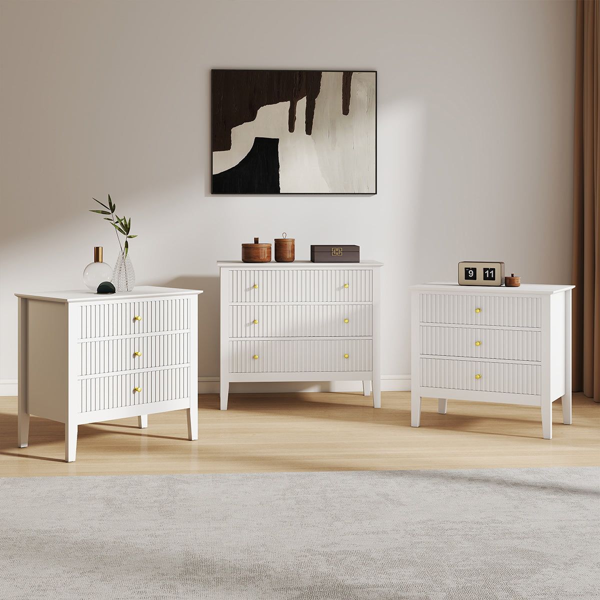 Melody Maison Wide 3 Drawer Chest Of Drawers & Pair Of Large Bedside Tables - Hales White Range