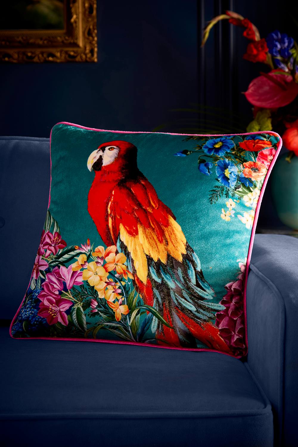 Laurence Llewelyn-Bowen 'Polly Amorous' Parrot & Floral Print Soft Touch Velvet Filled Cushion in Teal
