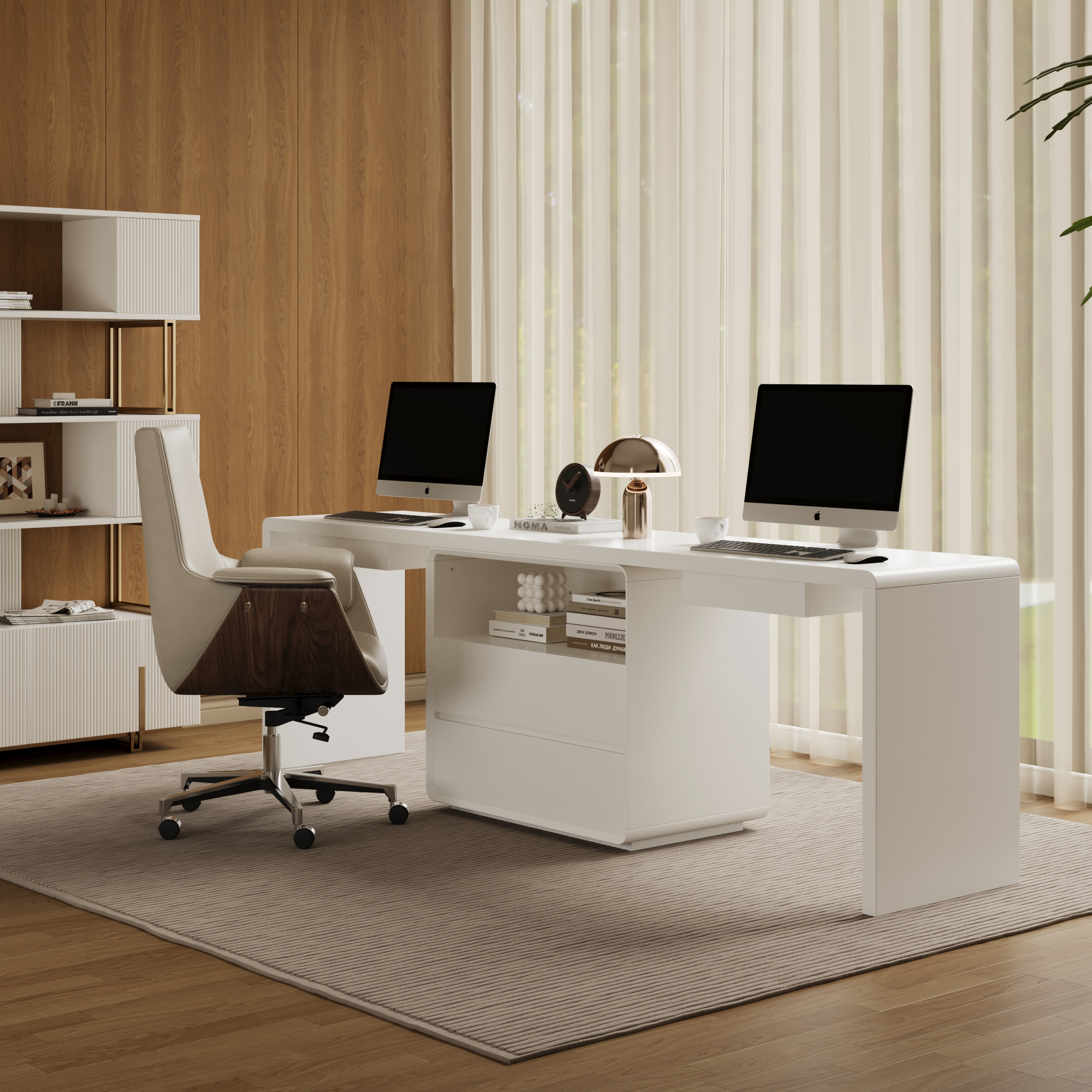 Modern 240 cm Rectangular White Double Desk with 4 Drawers & 1 Cabinet, Seats 2