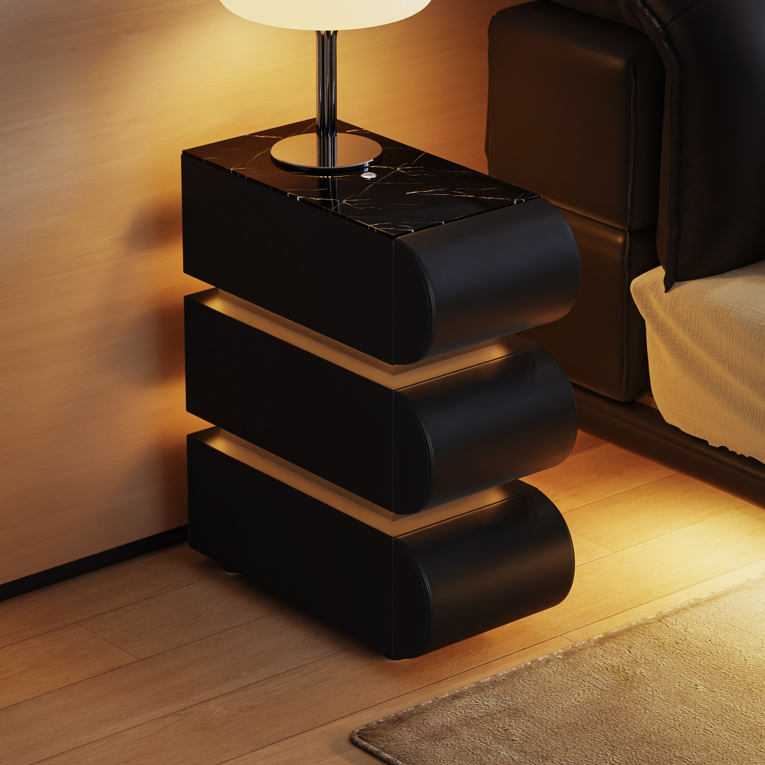 Narrow Humply Leather 3-Drawer Smart Nightstand with Sintered Stone Top