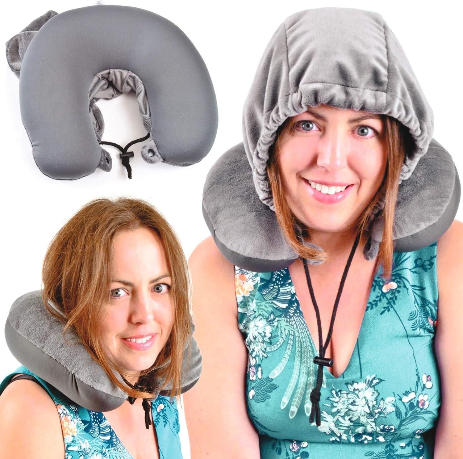 mysmartbuy Travel Pillow Hoodie - Grey Soft Plush Neck Supporting Cushion with Drawstring Closure Hood - Measures 32 x 30 x 9cm