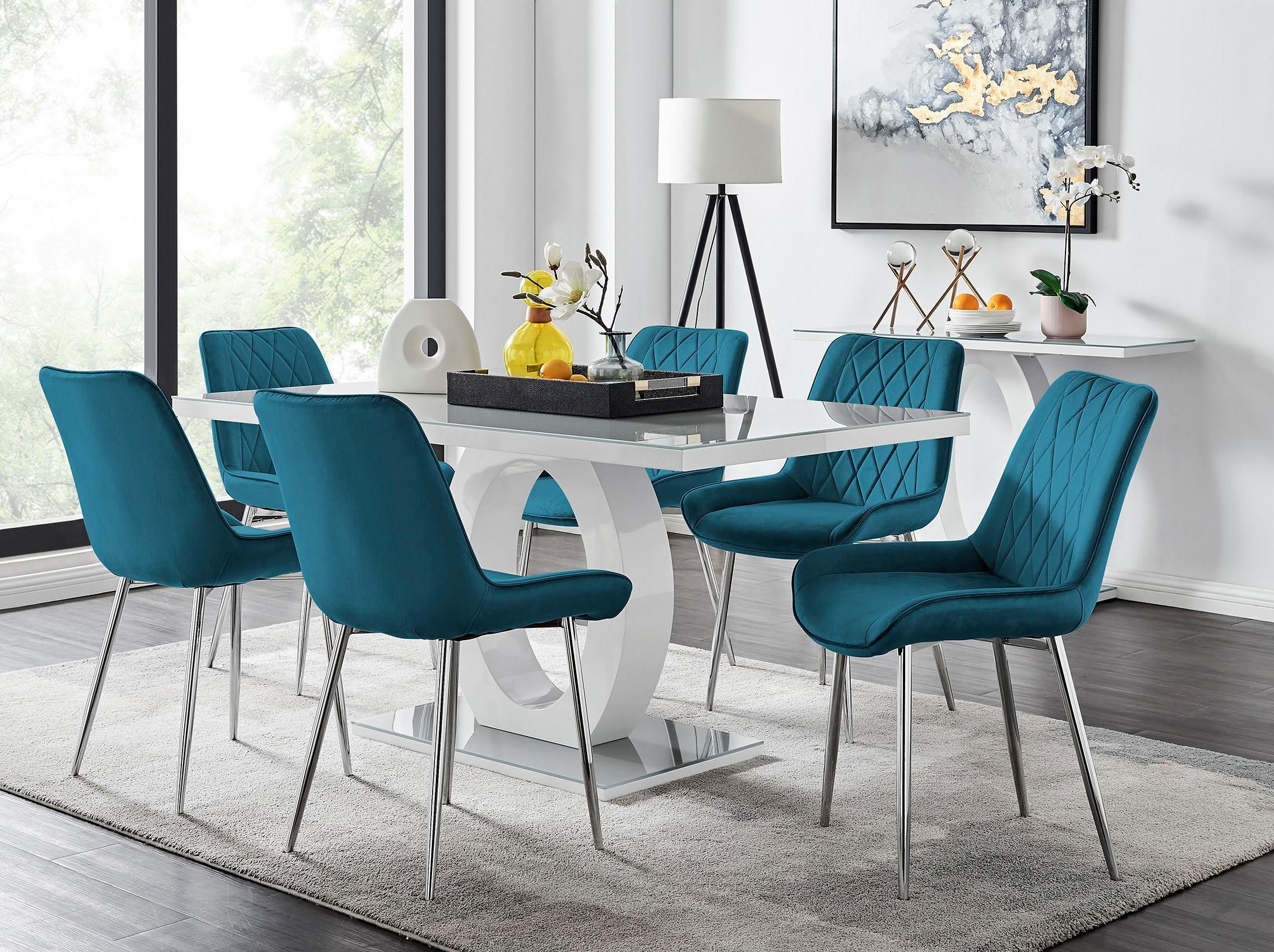 FurnitureboxUK Giovani 6-Seater Grey Glass Dining Table & 6 Pesaro Soft Velvet Dining Chairs in Blue