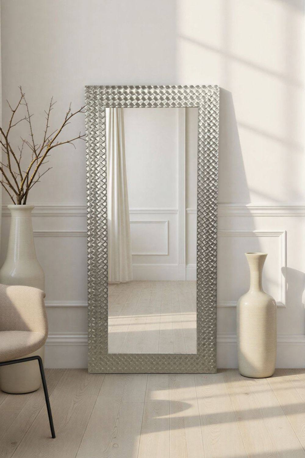 Yearn Mirrors Hammered Tall Silver Framed Bevelled Mirror in Metallic Silver