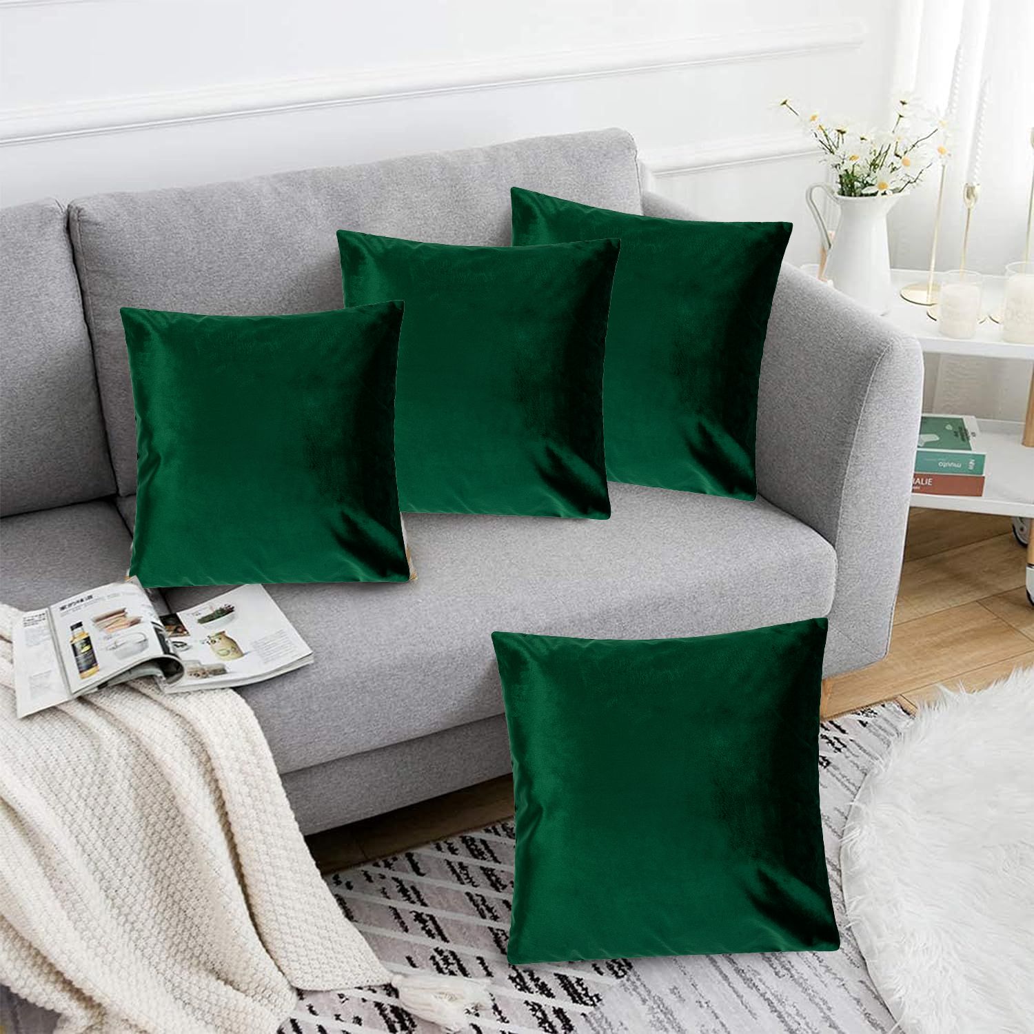 Luxury Living Luxurious Velvet Cushions Set of 4 - Soft Plush Fibre Pads, Vibrant Colours for Sofa & Bed Décor in Green