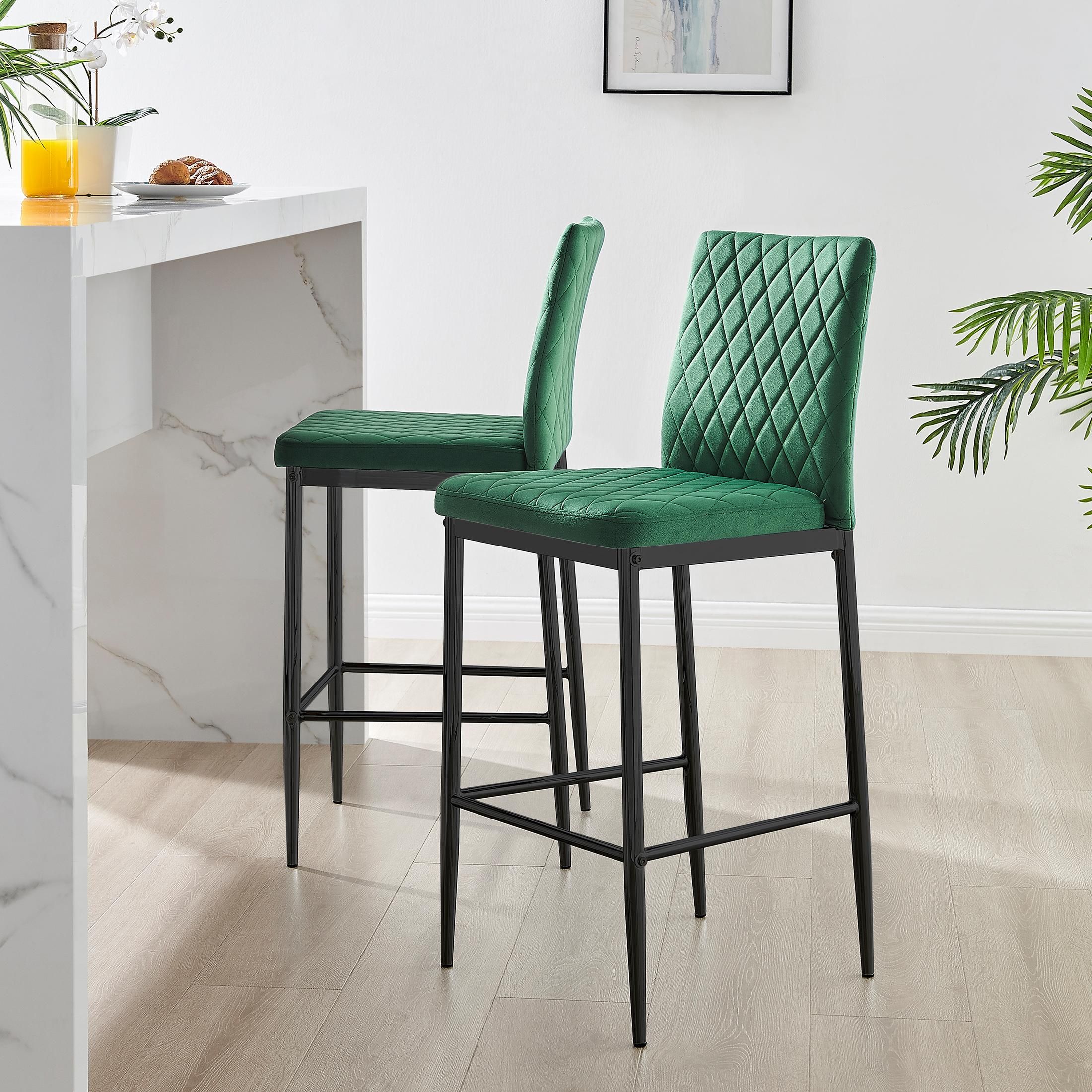 FurnitureboxUK Set of 2 Milan Soft Touch Hatched Velvet Padded Counter Stools With Black Metal Legs in Green