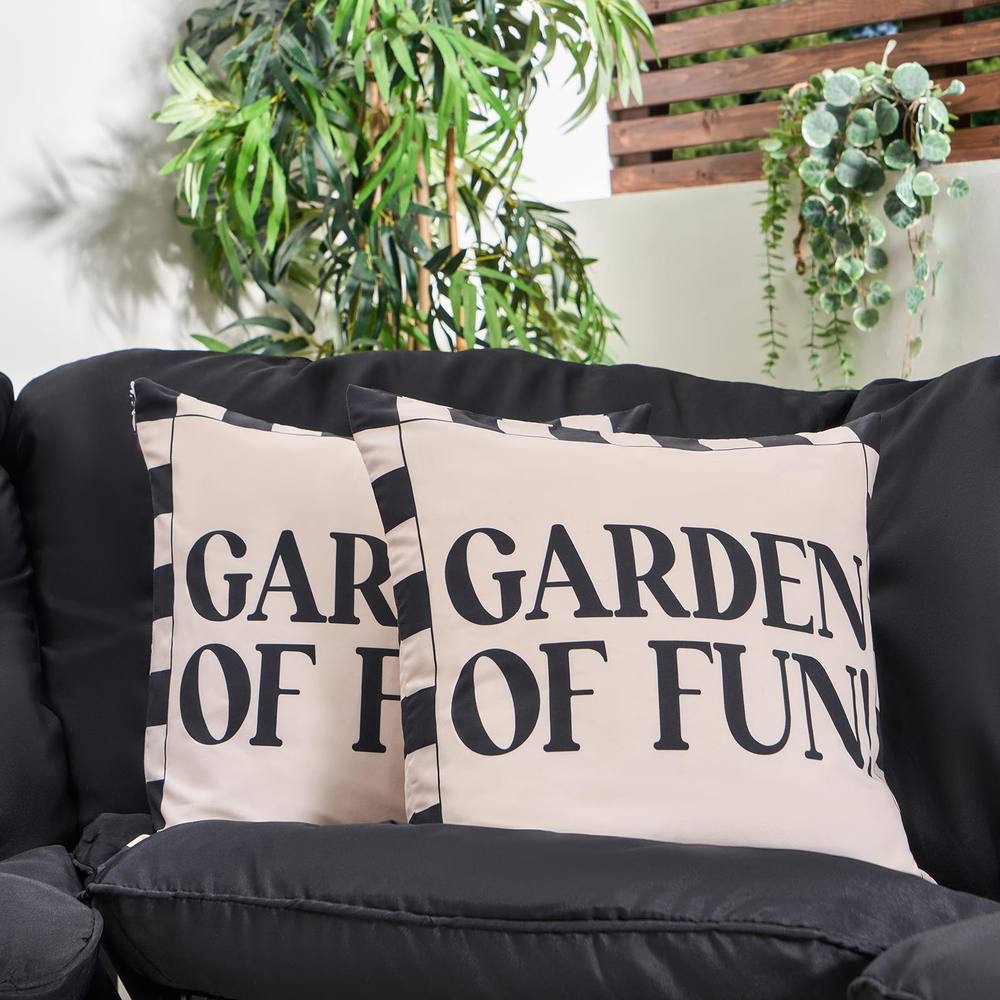 OHS 2 x Garden of Fun Slogan Garden Cushion Covers Outdoor Water Resistant in Cream
