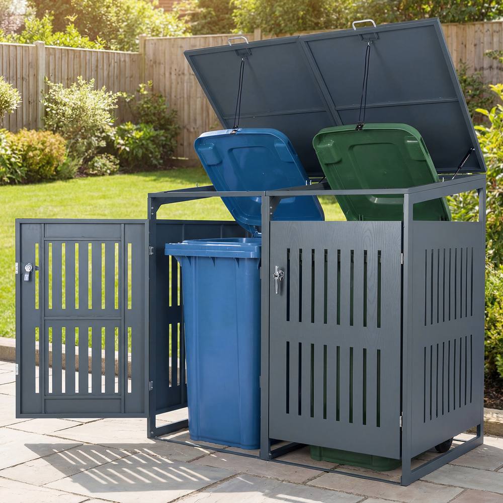 Costway Outdoor Trash Can Storage Shed for 2 Bins Metal Garbage Can Organizer in Grey