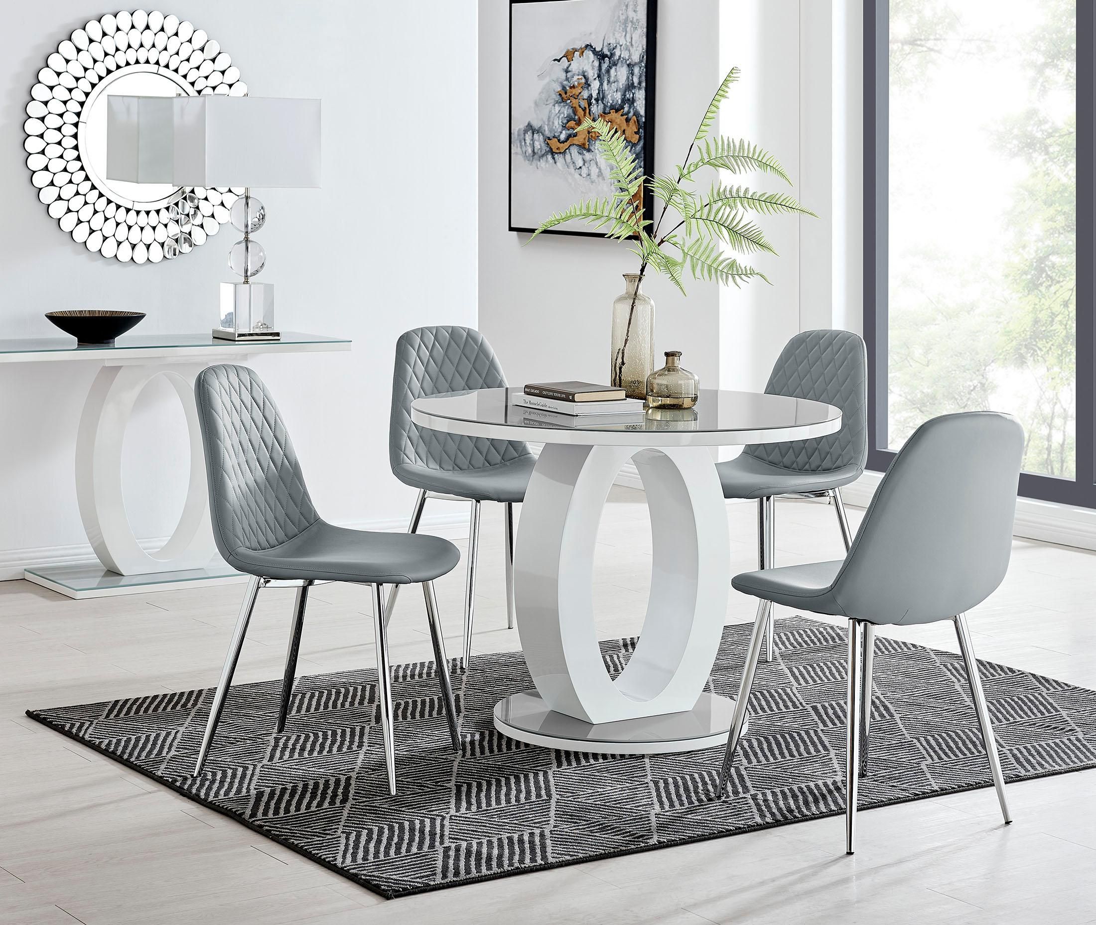 FurnitureboxUK Giovani Round 4 Seat 100cm White High Gloss Halo Base Grey Glass Top Dining Table 4 Soft Faux Leather Silver Leg Corona Chairs