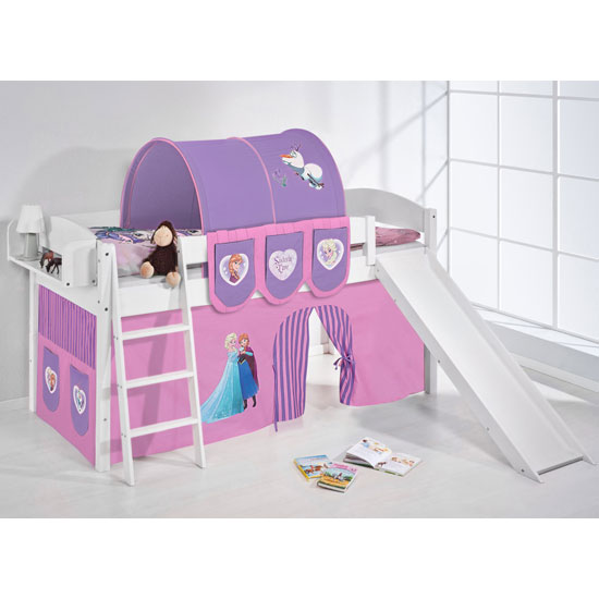 Lilla Slide Children Bed In White With Frozen Purple Curtains