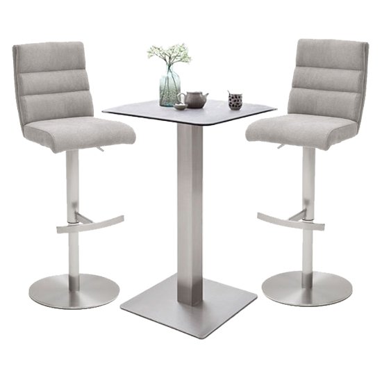 Soho Glass Bar Table With 2 Hiulia Ice Grey Fabric Stools