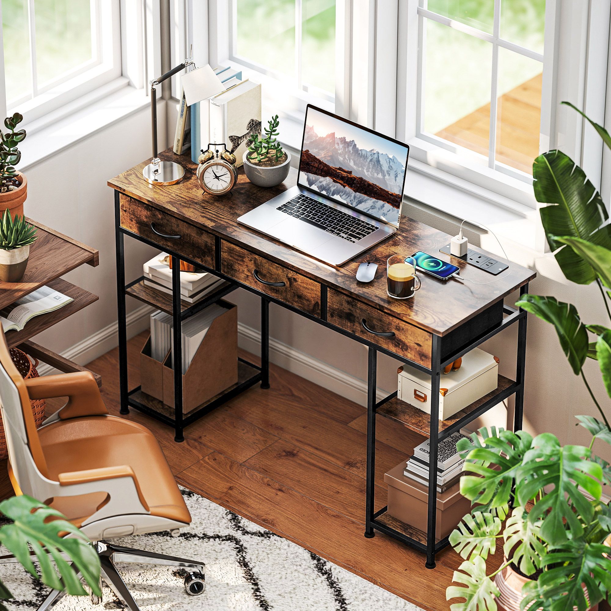 HOMCOM Computer Writing Desk with Power Outlets, Drawers, Shelves, Brown