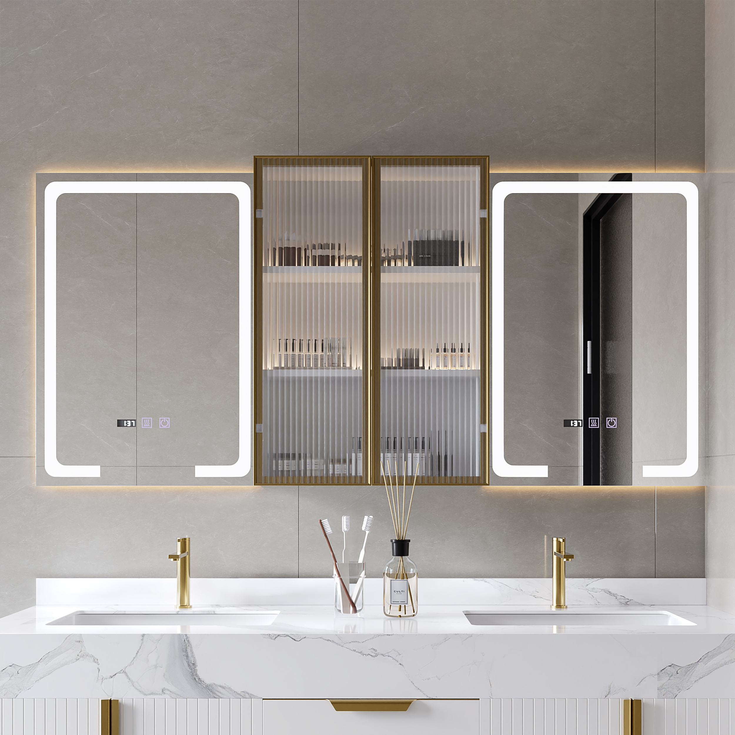 150 cm LED Lighted Medicine Cabinet Wooden Wall-mounted Bathroom Mirror with Doors