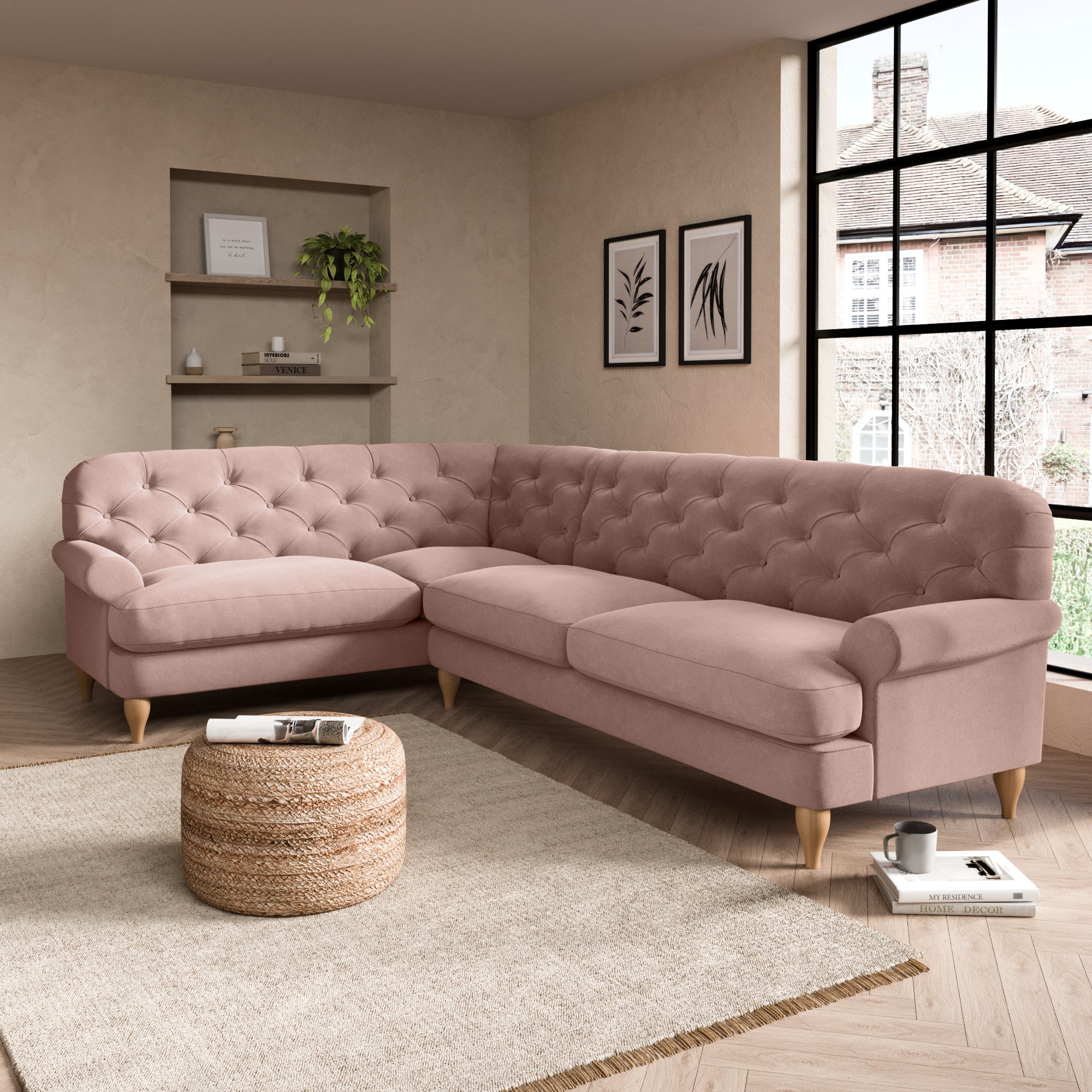 Canterbury Luxury Velvet Left Hand Corner Sofa Luxury Velvet Peach Blush
