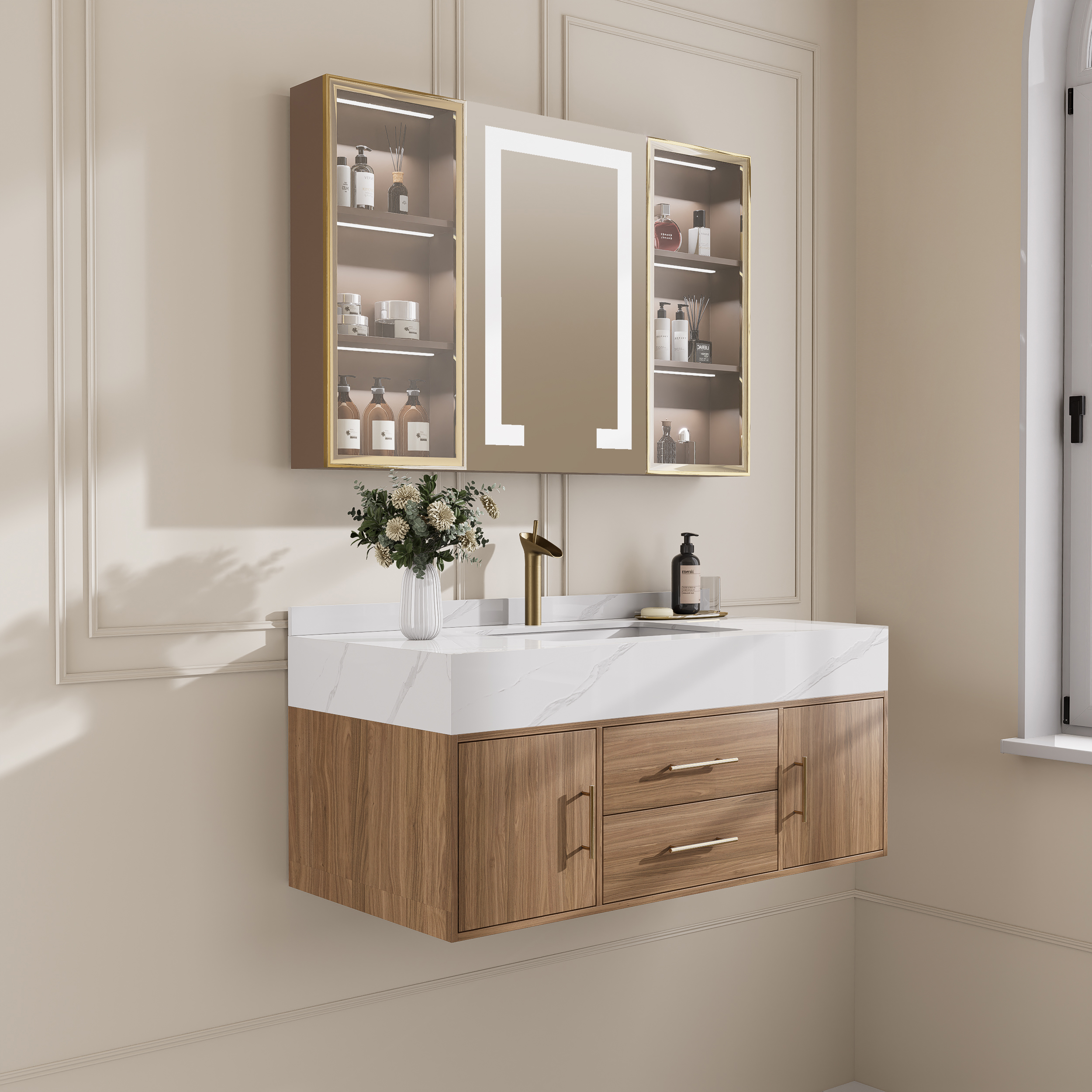 1000mm Floating Ceramic Sink & Stone Top in Walnut & Mixer Tap & Bathroom Cabinet Vanity